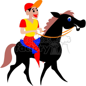 A colorful clipart image of a smiling person in a red and yellow outfit riding a black horse. The horse has a brown mane and tail.