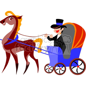 Colorful clipart image of a horse-drawn carriage with a driver wearing a top hat.