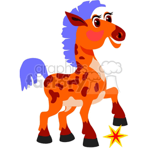 Clipart of a playful horse with purple mane and tail, and orange body with dark brown spots and black hooves. The horse is depicted in a lively pose with one front leg raised and a star-like shape beneath it, indicating motion or a playful kick.