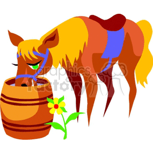 A clipart illustration of a horse with a saddle, drinking from a wooden barrel, next to a yellow flower.