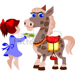 Clipart image of a young girl feeding grass to a spotted pony with a saddle.