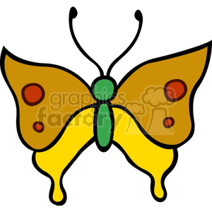 A colorful butterfly clipart with brown and orange wings, green body, and yellow lower wings.