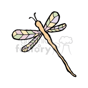 A colorful clipart illustration of a dragonfly with pastel-colored wings and a light brown body.