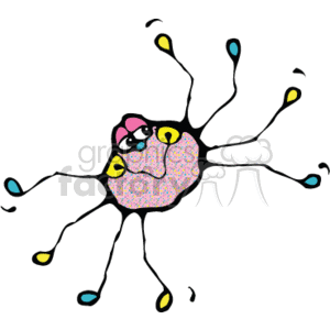   The clipart image depicts a cartoon-style spider with a distinctive country charm. This whimsical spider features a round pink body with a lighter speckled pattern, giving it a cute and quirky appearance. It has large, expressive eyes with pink lids, suggesting a feminine look, possibly enhanced by a small pink bow on top of its head. The spider