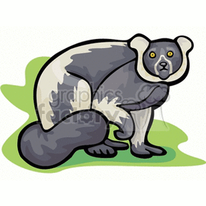 A cartoon-style clipart image of an indri, a type of lemur, with black and white fur and yellow eyes, sitting on green grass.