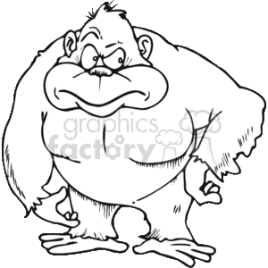   The image is a black and white clipart of a cartoon gorilla. The gorilla appears to be standing upright, with a substantial build, and muscular arms. Its facial expression is grumpy or angry, featuring a prominent frown, furrowed brows, and eyes that look discontented or irritated. The gorilla has a large, rounded torso, and its feet are flat on the ground. Overall, it