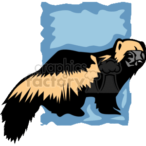 The image is a clipart of a wolverine, which is a mammal known for its strength and ferocity.  The wolverine is depicted with a characteristic dark coat with light brown to blonde markings. The background appears to have an abstract design, possibly representing natural elements like rocks and water or ice.