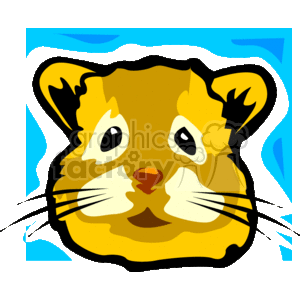 The clipart image features a stylized depiction of a hamster. Hamsters are small rodents known for their short tails, stubby legs, and wide cheeks. This image shows a close-up of a hamster's face with prominent features such as large eyes, a prominent nose, and whiskers. The background has abstract blue shapes that don't represent anything specific.