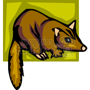 This clipart image depicts a stylized representation of a possum, which is a marsupial. It shows the possum in profile with characteristic features such as a pointed snout, rounded ears, and a long tail. The background is an abstract green and yellow design, possibly suggesting foliage or a natural setting where a possum may be found. The simplified style uses bold outlines and blocks of color to convey the animal's form.