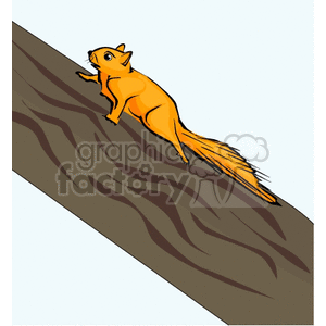 The clipart image features an orange squirrel climbing or perched on a brown tree trunk or branch angled diagonally across the image. The squirrel has a prominent fluffy tail and appears to be looking upwards or over its shoulder.