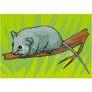 The clipart image shows a stylized gray mouse or a small rodent perched on a brown branch or twig. The background features a green leaf pattern.