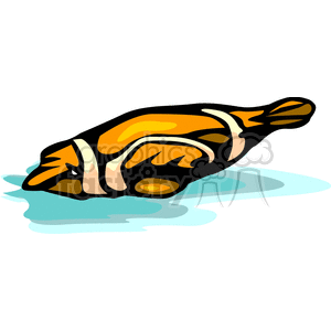 The clipart image features a stylized representation of a clownfish, commonly associated with tropical ocean reefs, swimming in water. It is designed with bold, simple shapes and vibrant colors, common characteristics of clipart.