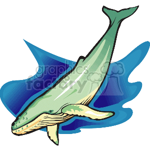   The clipart image features a stylized depiction of a single whale. The whale is characterized by a greenish hue with a hint of gradient, giving it a sense of depth. Its belly is in a lighter tone, possibly indicating a light source. The whale