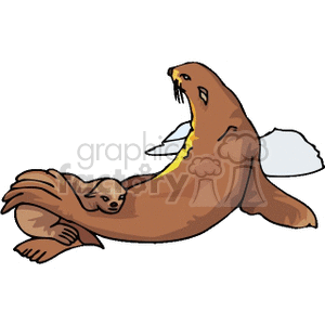 The clipart image depicts a seal and its pup. The adult seal is illustrated mid-motion, likely in the act of going towards the water, and the seal pup is nestling close to its side.