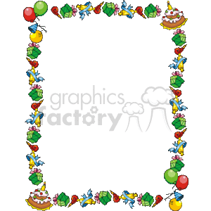This clipart image features a festive birthday-themed border. Around the edges of the border, you see colorful balloons, wrapped gift presents with bows, and a decorated birthday cake with a candle on top. The items are laid out in a repeating pattern that creates a cheerful frame, ideal for enclosing a birthday invitation, greeting card, or celebratory message. The center of the image is blank, leaving space for text or additional graphics.