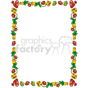 The image displays a colorful clipart border or frame that features a gardening theme. The border includes various elements such as red flowers with green leaves, yellow flower pots, green vines or leaves twisting around, and vibrant red watering cans. Additionally, there are cute, stylized butterflies in different sizes and poses scattered throughout the design. The overall pattern creates a symmetrical rectangular frame that could be used to embellish a page, enclose text, or frame a picture, particularly within a gardening, spring, or nature-themed context.