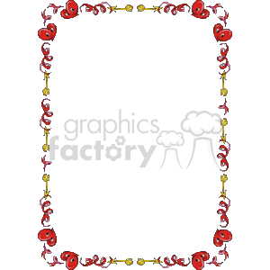 The image depicts a decorative frame or border with a romantic theme. It features a combination of hearts and arrows, often associated with Cupid, encased within flowing, vine-like designs with intermittent yellow accents that could be interpreted as flowers or decorative elements. The hearts are red, which traditionally symbolizes love and affection. This type of border could be used for Valentine's Day decorations, romantic event invitations, or any love-themed stationery or artwork.