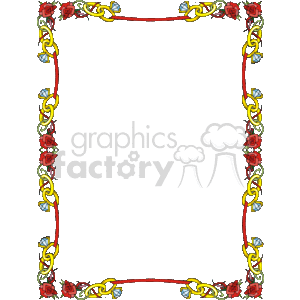 The clipart image features an ornate border design composed of intertwined elements. There are red roses and what appears to be diamond rings interlaced with a golden chain-like motif that runs along the edges of the border. This decorative frame creates a romantic theme, commonly associated with love and could be used for wedding invitations, Valentine's Day cards, or other love-related stationery.
