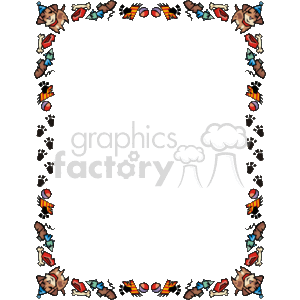 This image is a decorative page border featuring a variety of dog-themed illustrations. In particular, the clipart includes images of dogs, bones, paw prints, and a dog bowl. These graphics are arranged in a symmetrical pattern along the borders of the page, creating a frame that could be used for stationery, pet-related announcements, flyers, or as decoration in a scrapbook or other craft project. The center of the image is blank, which suggests that it could be used to frame text or other content.