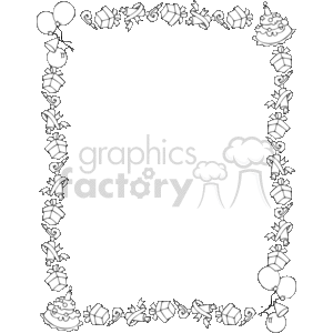 The image is a black and white clipart with a decorative border themed around birthdays. The border elements include balloons, gift boxes with ribbons, and what looks like a birthday cake with a candle on top. These illustrations are arranged in a symmetrical pattern around the edge of the frame, creating a festive border that could be used for birthday invitations, greeting cards, or any other birthday-related stationery. The center of the image is blank, allowing for text or additional graphics to be added.