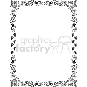 The image is a black and white border or frame with a theme related to dogs. The elements decorating the border include cartoons of dogs, dog bones, paw prints, and dog bowls. These decorative icons are arranged around the edges, leaving a large blank space in the middle where text or other content can be added. The style is playful and indicative of a pet-related theme, making it suitable for use in materials such as flyers, invitations, or posters for pet-related events, services, or information.