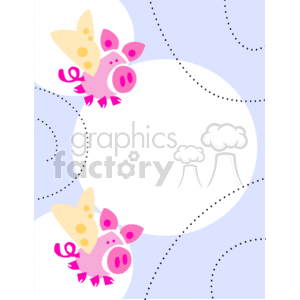 Clipart image featuring two flying pigs with yellow wings and pink bodies, surrounded by white abstract shapes and dotted lines on a light blue background.