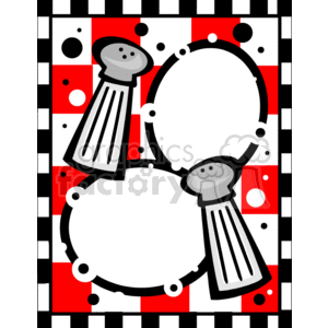 Colorful clipart image featuring two salt shakers and three blank oval spaces on a red and white checkered background with black and white border.