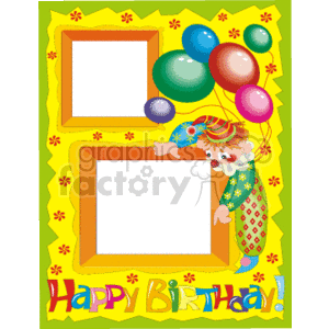 A colorful birthday-themed clipart featuring a cheerful clown holding balloons, with two rectangular photo frames and 'Happy Birthday' text.