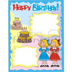 Colorful happy birthday clipart featuring two cakes with candles, two girls in dresses (one in red and the other in blue), and three blank spaces for text or messages. The background is decorated with a blue border.