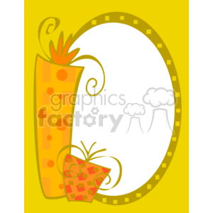 Colorful clipart image featuring two abstractly designed gift boxes with swirling lines. The background is yellow with an oval white space bordered by a decorative frame for text or images.