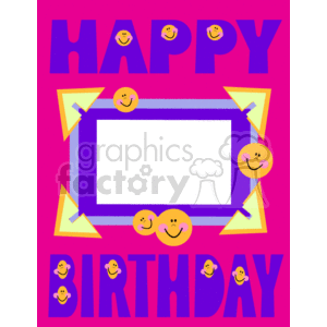 Colorful happy birthday clipart image featuring the words 'Happy Birthday' decorated with smiley faces, and a rectangular frame with corner decorations and more smiley faces.