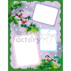 A decorative clipart image featuring frame borders with colorful scalloped edges and illustrations of birds perched on tree branches. The frames are designed for text or photos and are surrounded by green pine branches and small white stars on a pastel background.