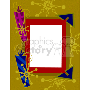 A vibrant clipart image with a colorful frame. The background is olive green with abstract circular patterns. The frame has a thick red border, and in each corner, there are decorative elements with purple and blue stylized shapes resembling gift boxes with star designs.