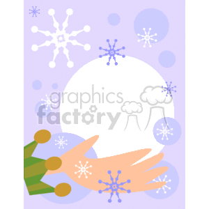   This is a simple and stylized clipart image. The border or frame of the image consists of various white and light blue snowflakes and dots scattered across a purple background, evoking a winter or Christmas theme. In the center of the image, there