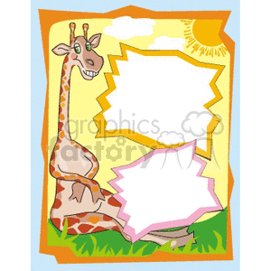 A colorful clipart image featuring a smiling giraffe sitting on grass with two speech bubbles against a bright yellow and orange background with a sun and clouds.