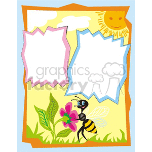 A clipart image of a colorful scene featuring a bee on a pink flower, leaves, a smiling sun, and two blank spaces with space for text.