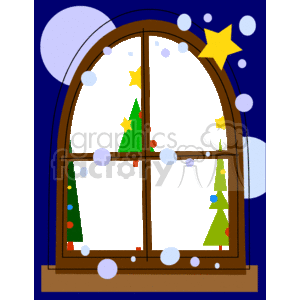   The clipart image features an arched window with a wooden frame set against a dark blue, presumably night sky. Through the window, you can see three stylized Christmas trees, each adorned with colorful decorations and topped with a yellow star. The sky around the window is dotted with white snowflakes or snowballs of various sizes, and there