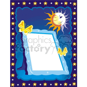 Clipart image featuring a winking sun and two yellow butterflies against a blue background with star patterns. There is an inset blank white frame bordered with a light blue design.