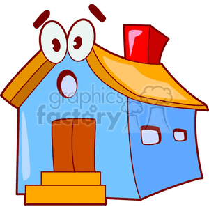 A clipart image of a cartoon house with a surprised facial expression, featuring eyes, eyebrows, and an open mouth. The house is blue with a yellow roof and a red chimney.
