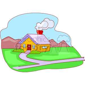 A colorful clipart image depicting a small house with smoke coming out of the chimney. The house is surrounded by a green lawn, a winding path, and mountains in the background.