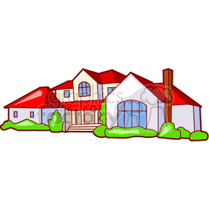 A colorful clipart illustration of a large house with red roofs and green bushes.