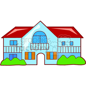 A colorful and simple clipart image of a large two-story house with a red roof, blue walls, windows, balcony, and greenery surrounding it.