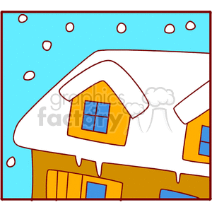A clipart image of a house with a snow-covered roof and falling snowflakes.