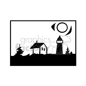 Black and white clipart of a rural landscape featuring a house, lighthouse, trees, and a sun with stylized rays.
