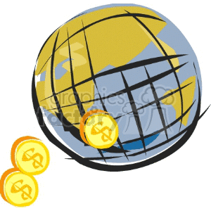 Clipart image of a globe with dollar coins surrounding it, symbolizing global finance or economy.