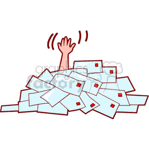 A hand reaching out from a pile of envelopes, symbolizing being overwhelmed by mail or paperwork.