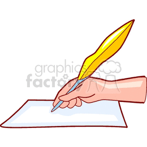 A clipart image of a hand holding a yellow quill pen writing on a piece of paper.