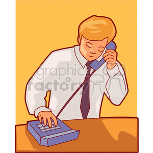 A cartoon illustration of a businessperson making a phone call at a desk.