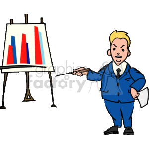 In this clipart image, there is a cartoon of a businessman wearing a suit, standing beside a flip chart. He is holding a pointer in one hand and a sheet of paper in the other. The flip chart displays bar graphs in red and blue, which typically represent business data like financial results, performance metrics, or comparison of profits. The businessman appears to be delivering a presentation or leading a business meeting.