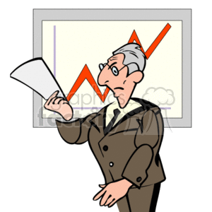 The clipart image features a cartoon of a businessman holding a document, with a surprised or concerned expression on his face, standing in front of a large chart with an upward-trending line graph indicating a rise, typically representing business profits or financial growth. The overall theme reflects business analysis or the review of financial performance.